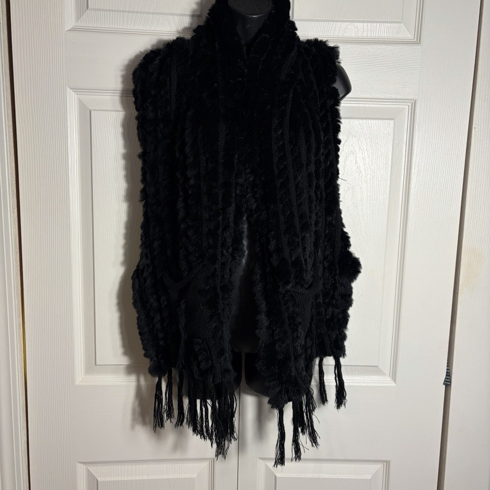 Belle Fare Lenzen Rex Rabbit Fur Knit Open Front Vest One Size Black Boho Luxury
